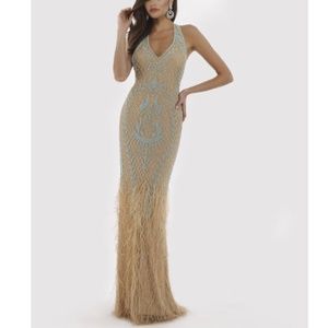 FEATHER EMBELLISHED LONG DRESS WITH OPEN BACK